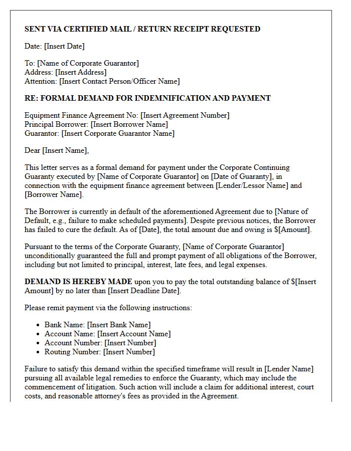 Corporate Guarantor Indemnification Demand Letter for Equipment Finance Default