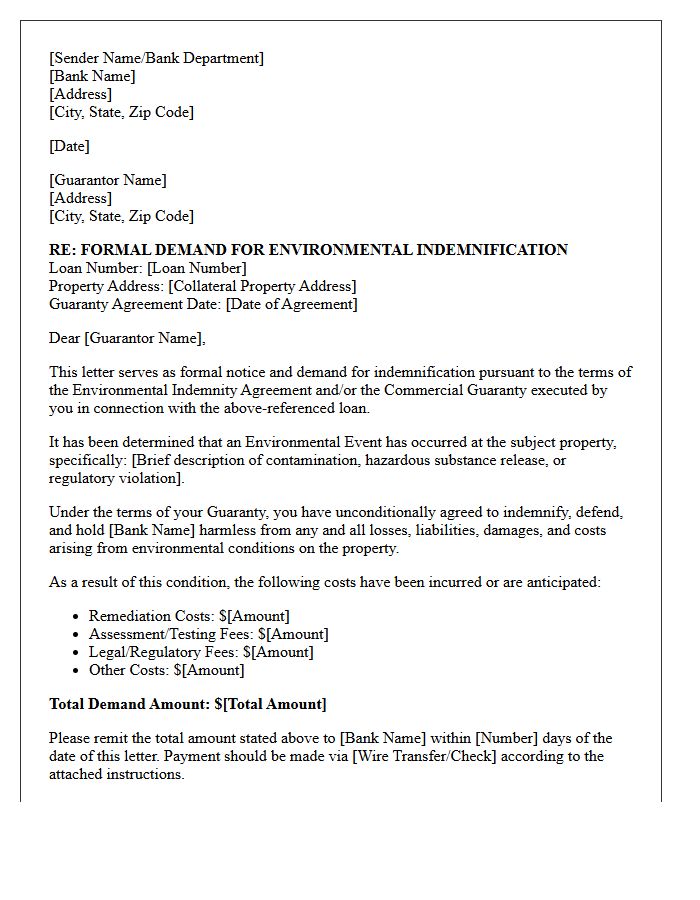 Environmental Indemnification Demand Letter Under Commercial Banking Guaranty
