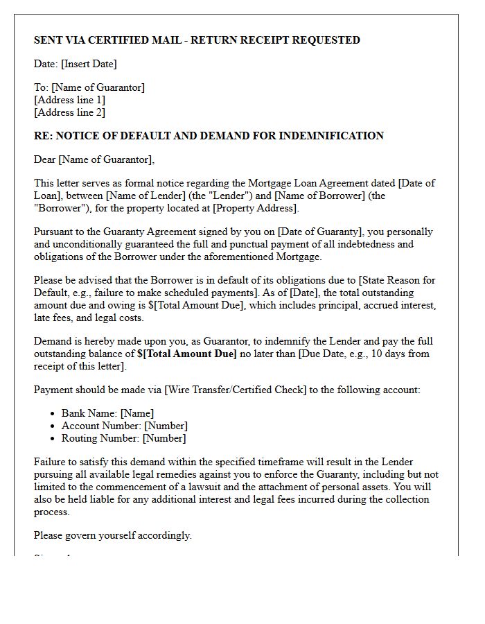 Guarantor Indemnification Demand Letter for Real Estate Mortgage Default