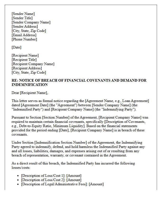 Letter Demanding Indemnification for Breach of Financial Covenants