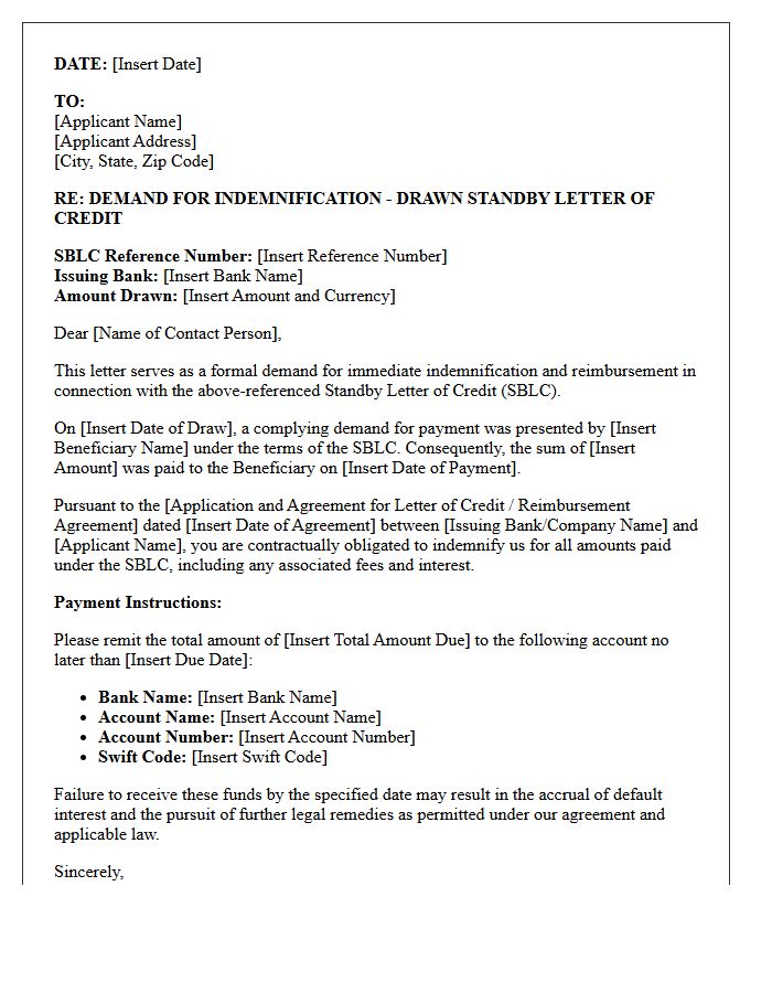 Letter Demanding Indemnification for Drawn Standby Letter of Credit