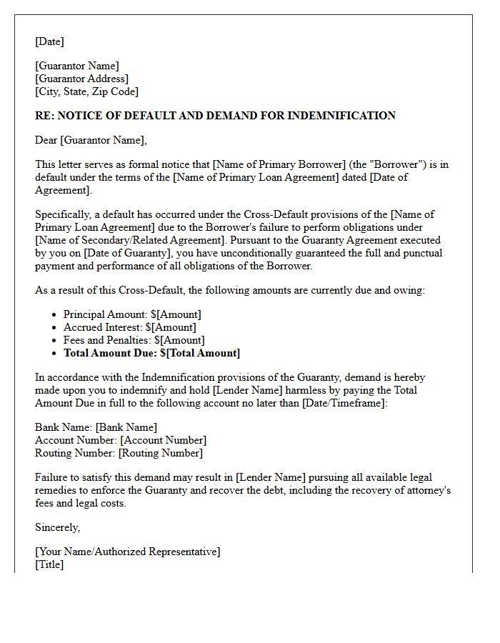 Letter Demanding Indemnification Under Cross-Default Guaranty Provisions