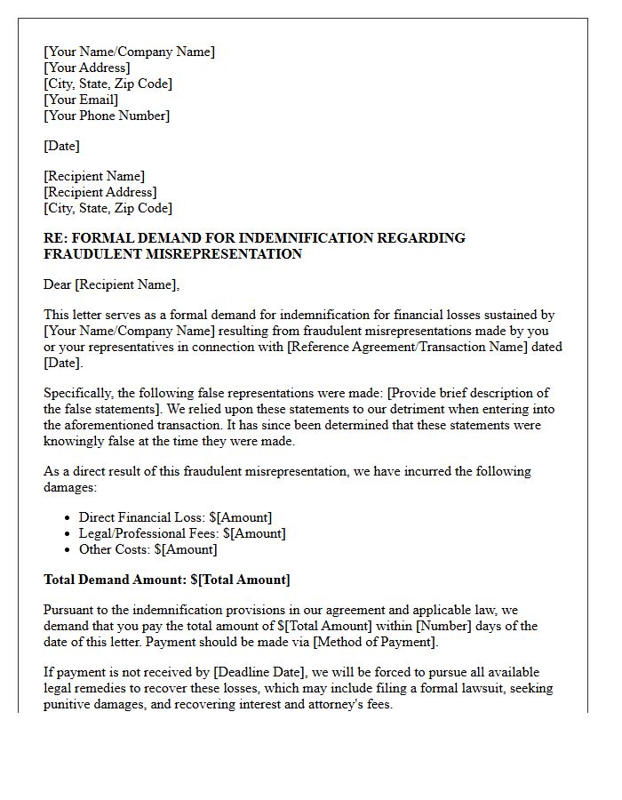 Letter of Demand for Indemnification Following Fraudulent Misrepresentation Loss