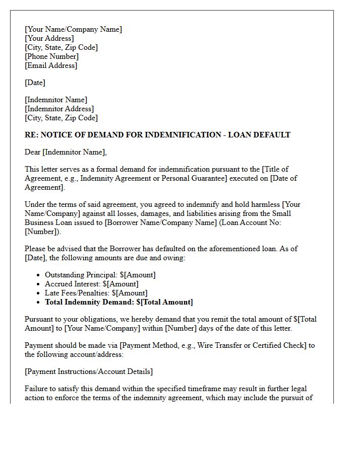 Letter of Demand for Indemnification Regarding Small Business Loan Default