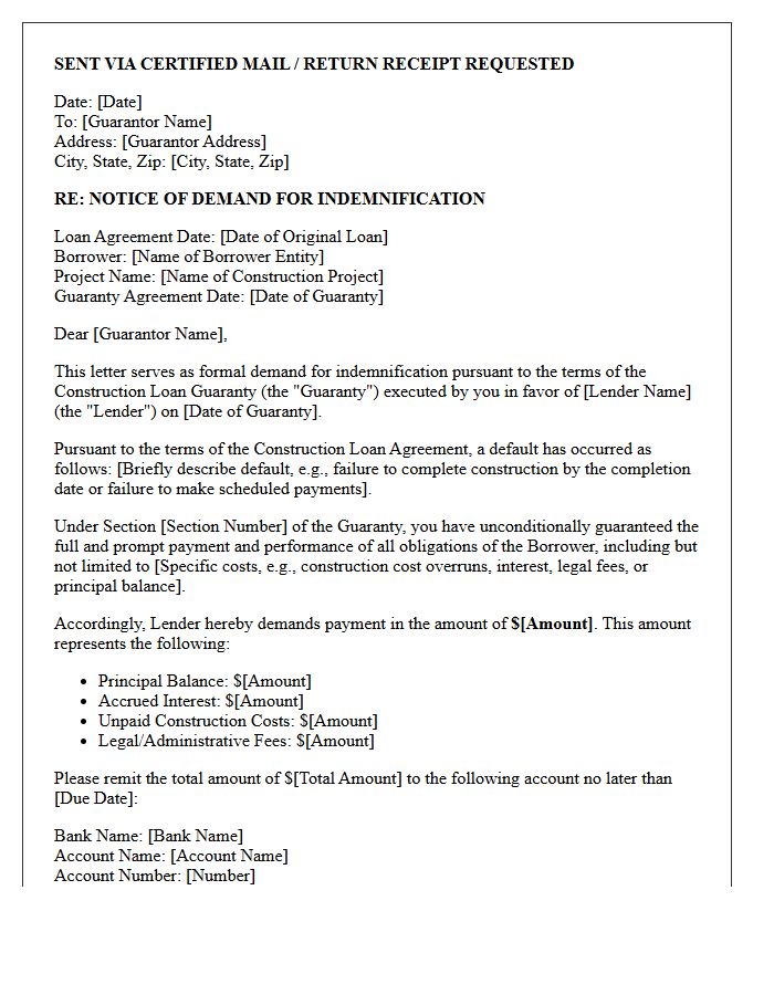 Letter of Demand for Indemnification Under Construction Loan Guaranty
