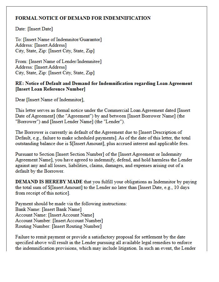 Letter of Demand for Indemnification Upon Commercial Loan Default