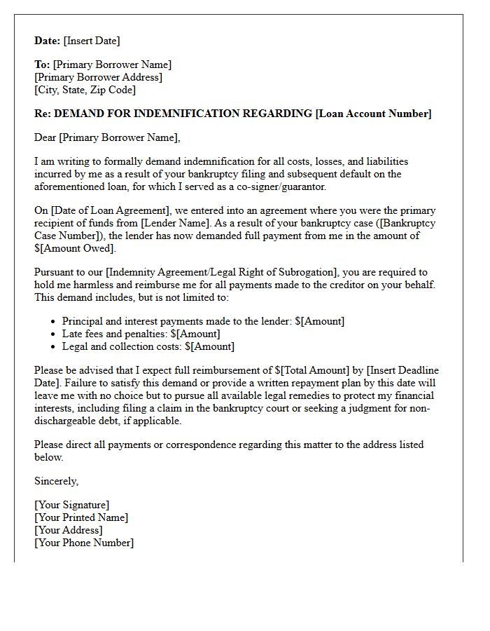 Letter of Indemnification Demand Following Primary Borrower Bankruptcy