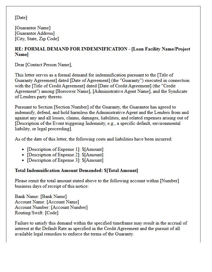 Syndicated Loan Guaranty Indemnification Demand Letter