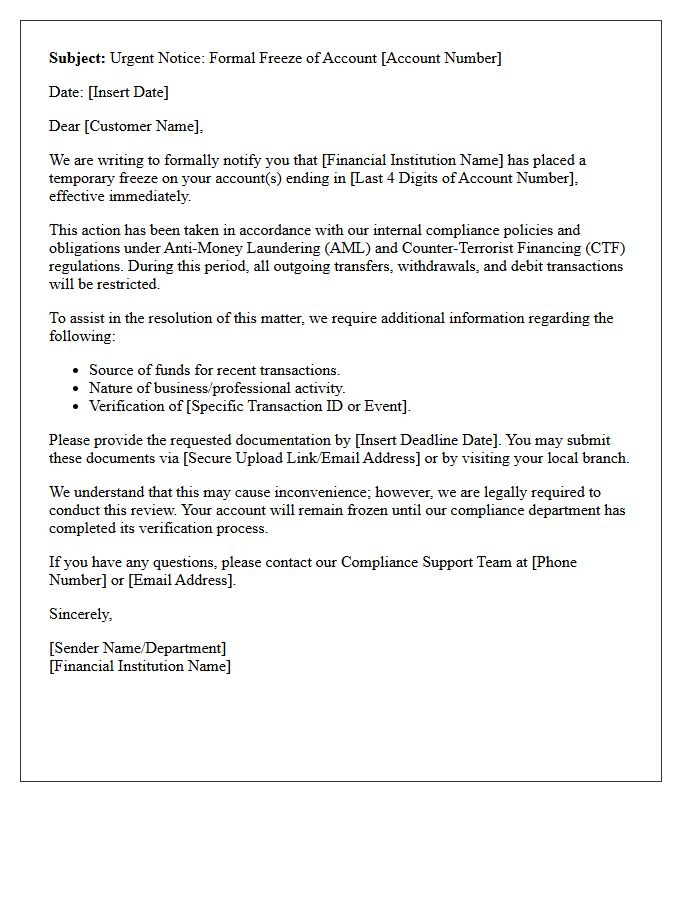 Anti-Money Laundering Account Freeze Notice Letter Subject