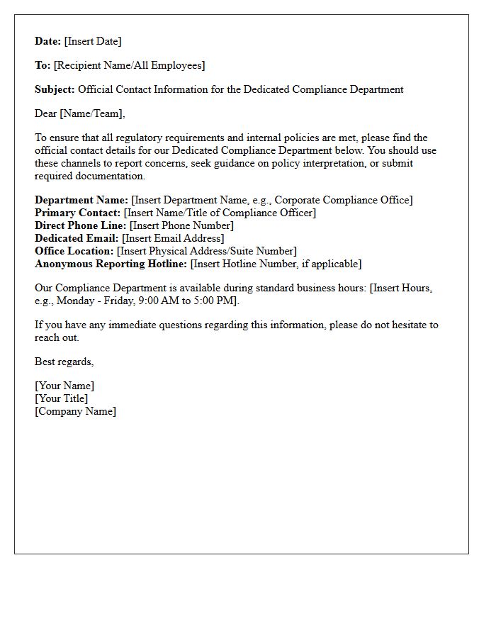 Dedicated Compliance Department Contact Information