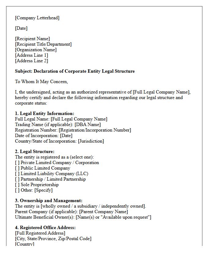 Corporate Entity Legal Structure Declaration Letter