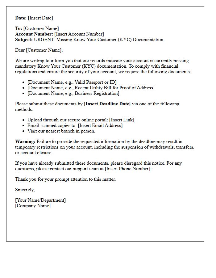 Missing Know Your Customer Document Warning Letter