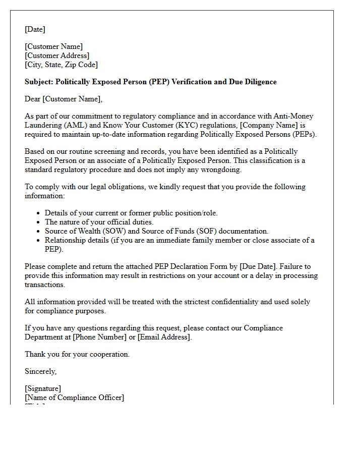 Politically Exposed Person Compliance Letter