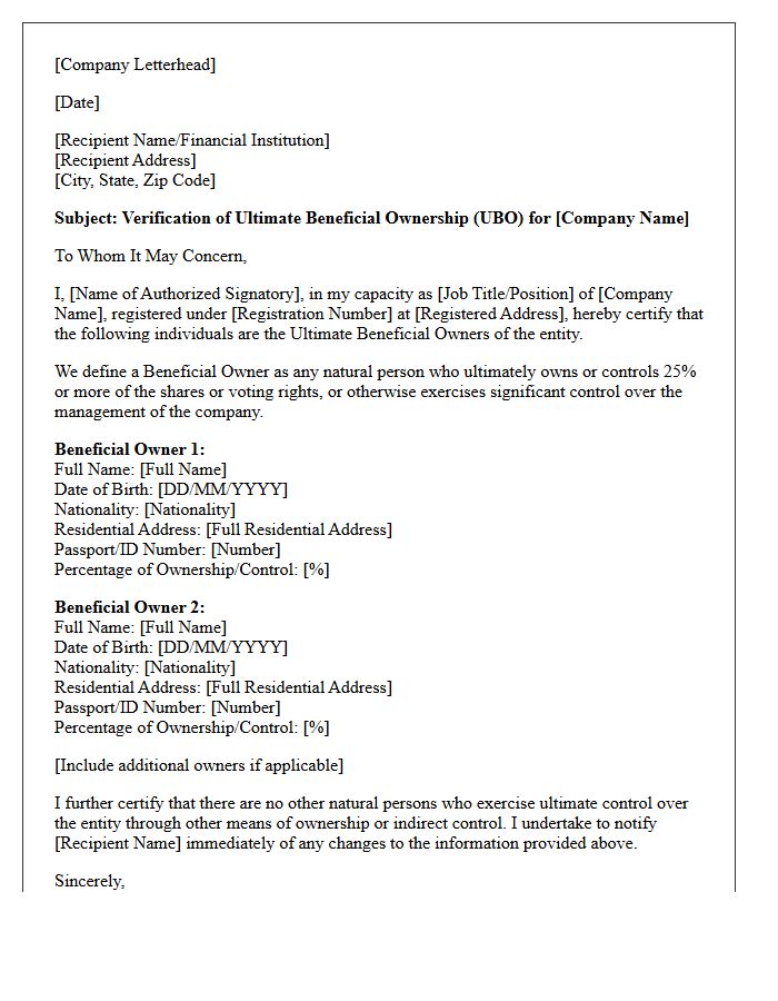 Ultimate Beneficial Ownership Verification Letter