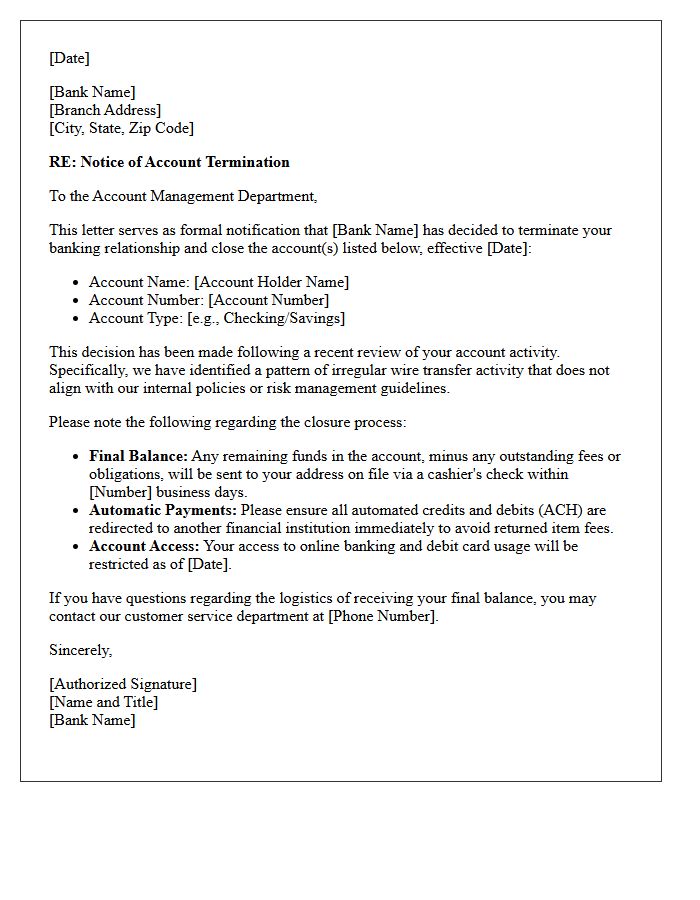 Bank Account Termination Letter for Irregular Wire Transfers