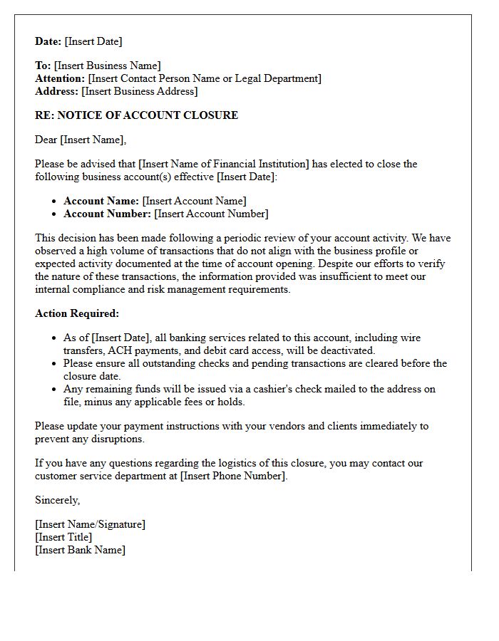 Business Account Closure Letter for Unexplained High-Volume Transactions