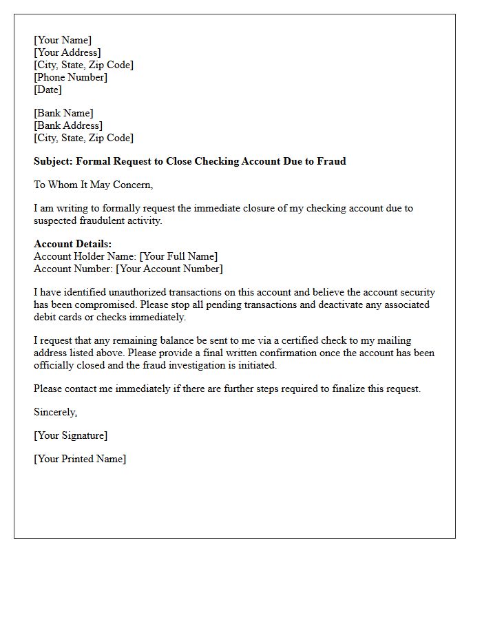 Checking Account Closure Letter Due to Suspected Fraudulent Activity