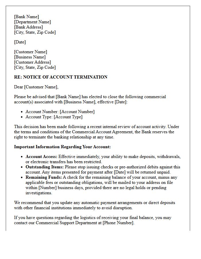 Commercial Banking Account Termination Letter for Suspicious Activity