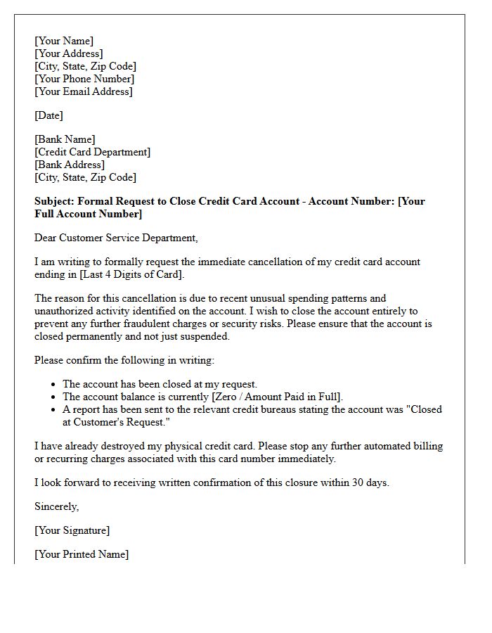 Credit Card Account Cancellation Letter for Unusual Spending Patterns