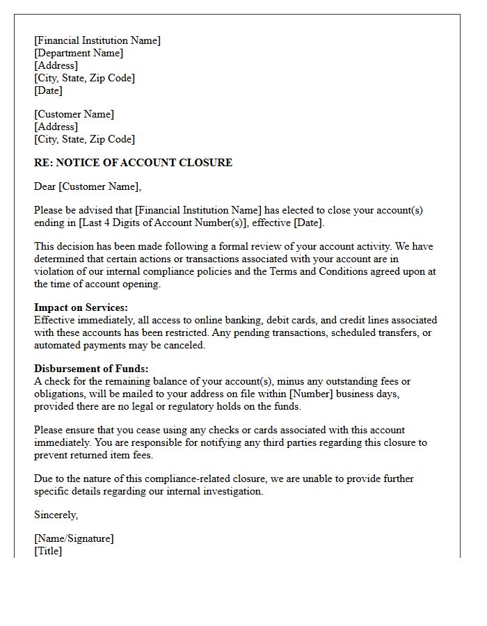 Financial Institution Letter Regarding Account Closure for Compliance Violations