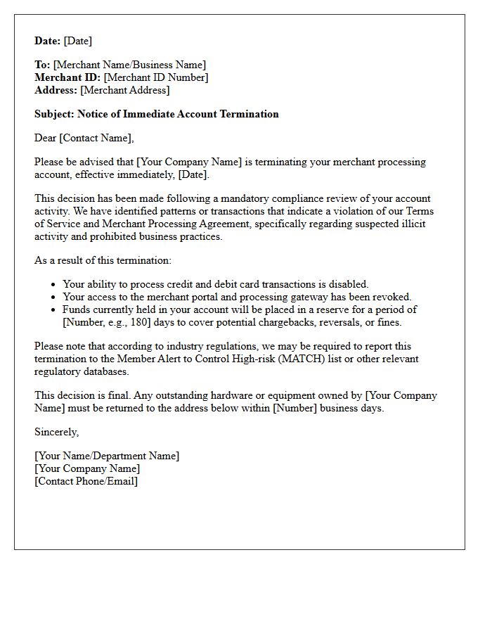 Merchant Account Termination Letter for Suspected Illicit Activity