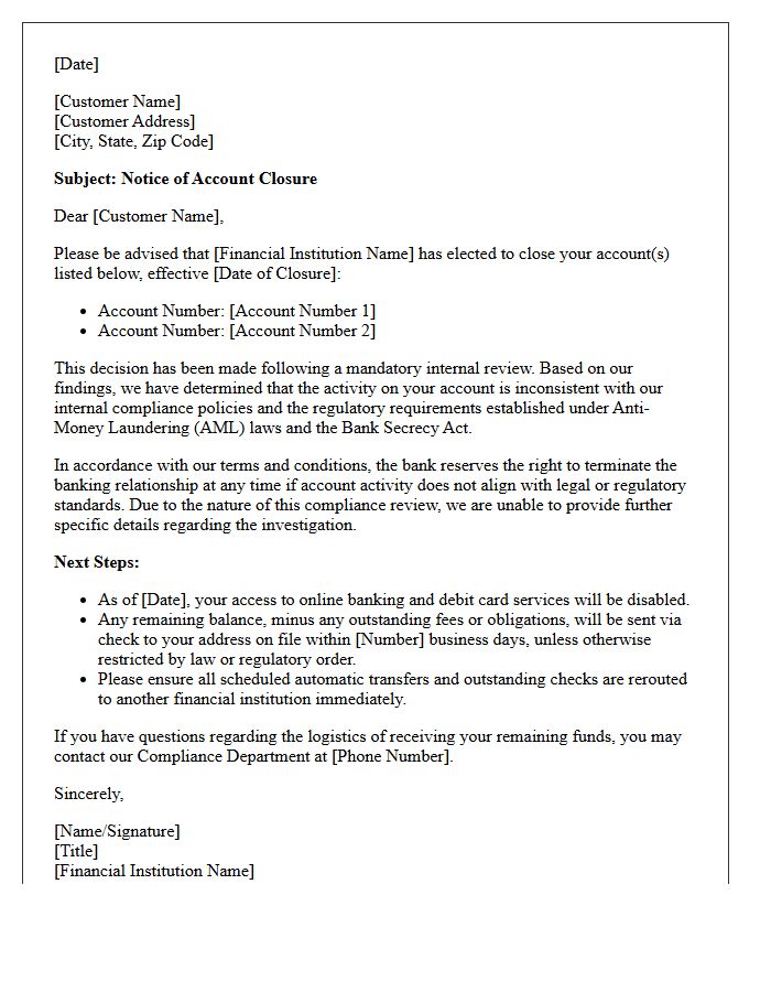 Notice of Account Closure Letter for Anti-Money Laundering Violations