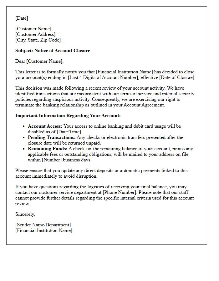Notice of Account Closure Letter for Suspicious Transaction Activity