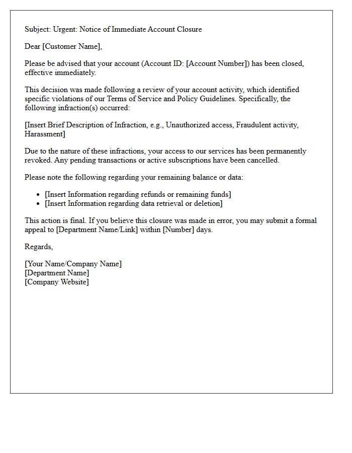 Notice of Immediate Account Closure Letter for Policy Infractions