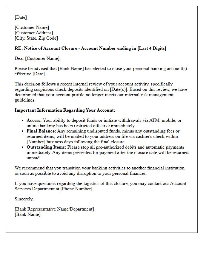 Personal Banking Account Dismissal Letter for Suspicious Check Deposits