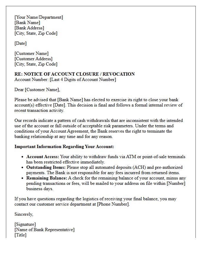 Retail Bank Account Revocation Letter for Suspicious Cash Withdrawals
