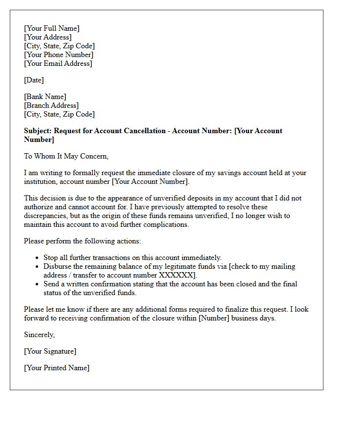 Savings Account Cancellation Letter for Unverified Deposits