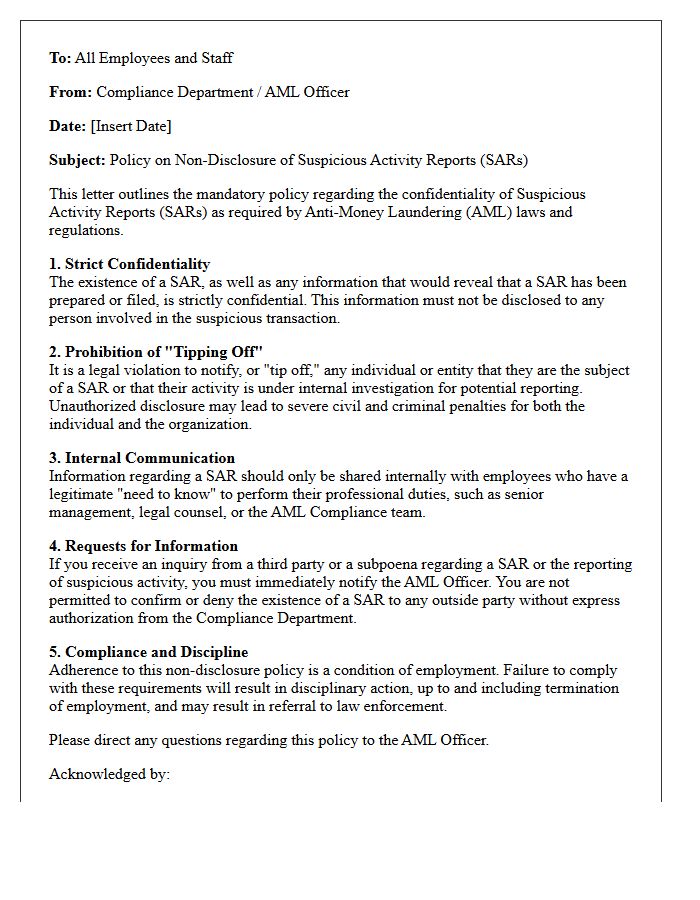 Anti-Money Laundering Policy Letter On Suspicious Activity Report Non-Disclosure