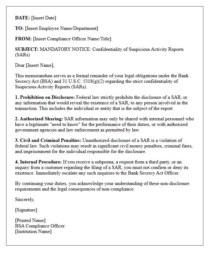 Bank Secrecy Act Compliance Letter For Suspicious Activity Report Non-Disclosure