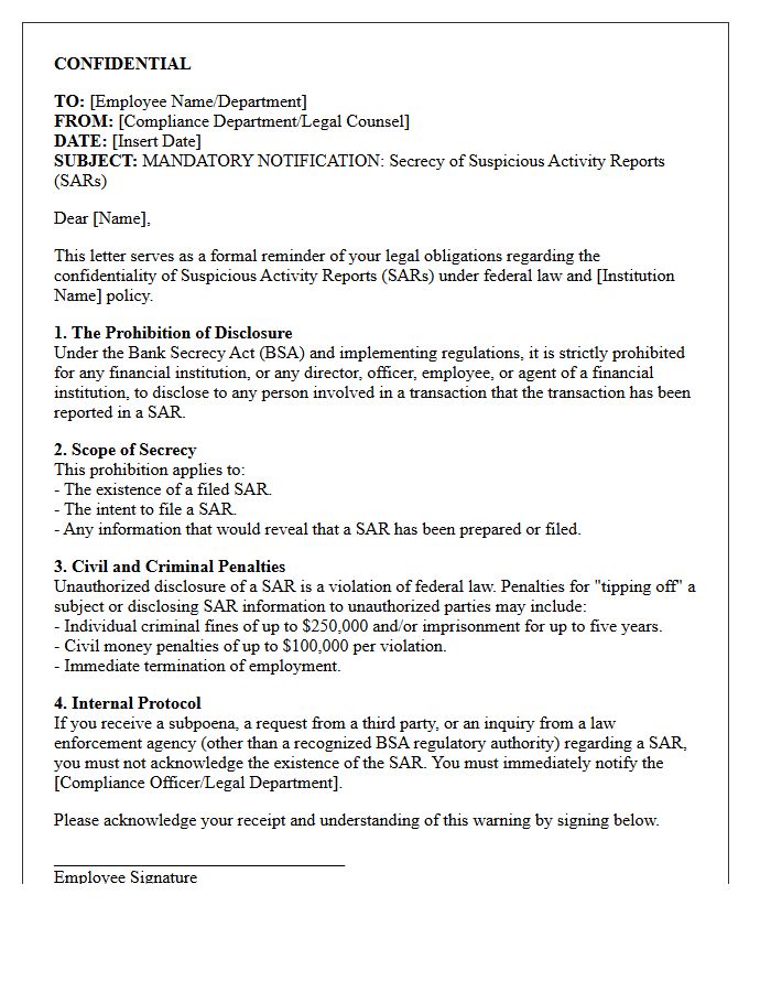 Financial Institution Warning Letter On Suspicious Activity Report Secrecy
