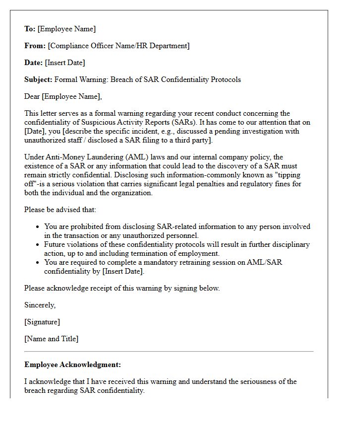 Internal Warning Letter On Suspicious Activity Report Confidentiality