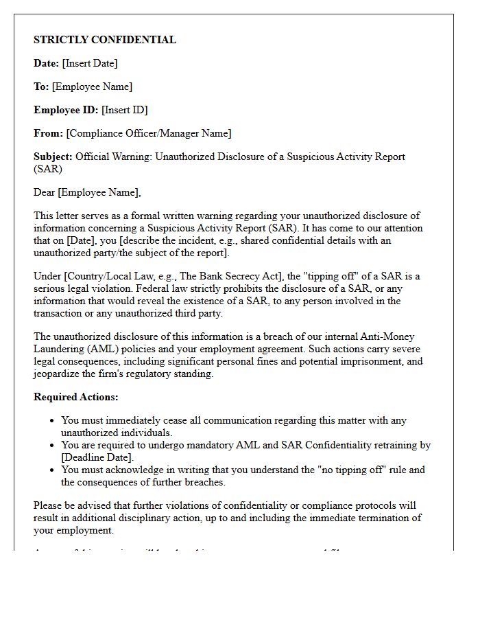 Official Warning Letter For Unauthorized Suspicious Activity Report Disclosure