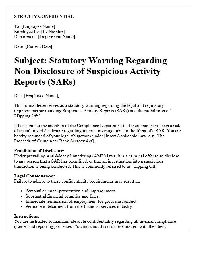 Statutory Warning Letter For Suspicious Activity Report Non-Disclosure