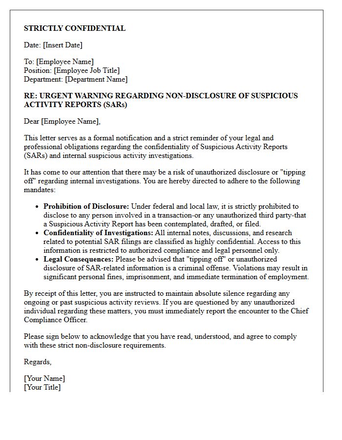 Strict Non-Disclosure Warning Letter For Suspicious Activity Reports