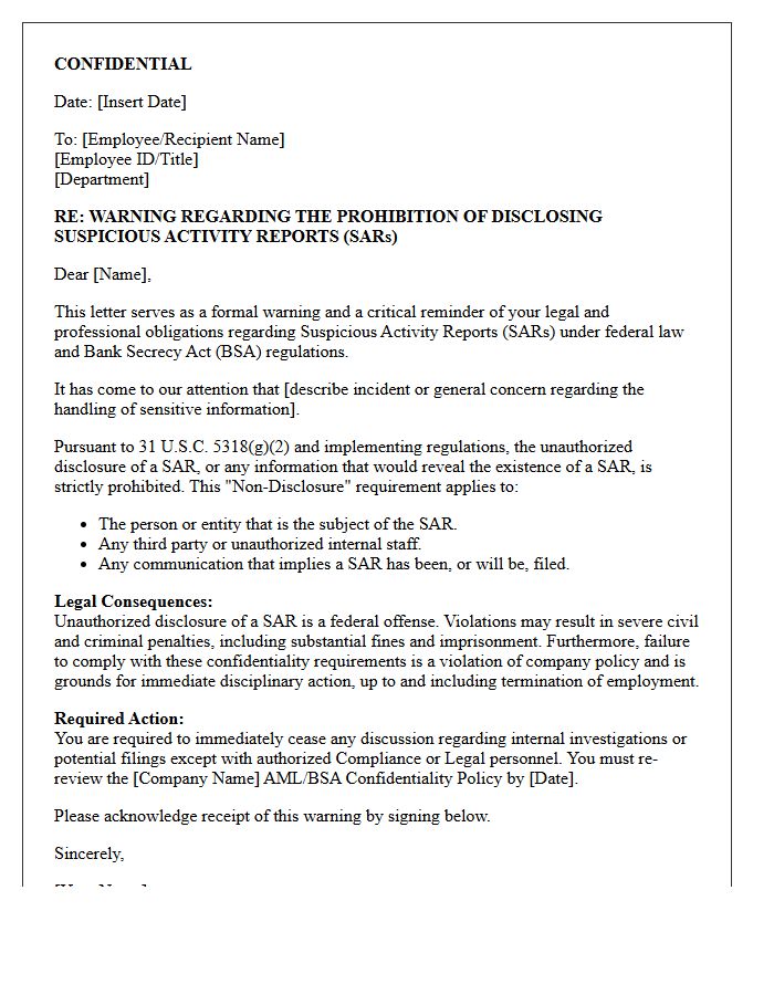 Suspicious Activity Report Information Prohibition Warning Letter