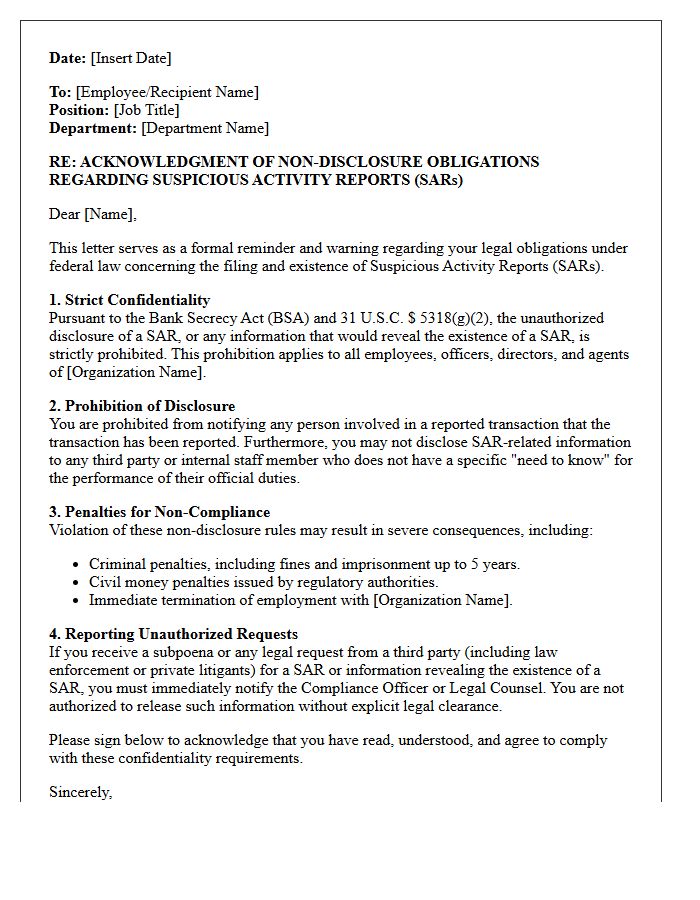 Suspicious Activity Report Non-Disclosure Acknowledgment And Warning Letter