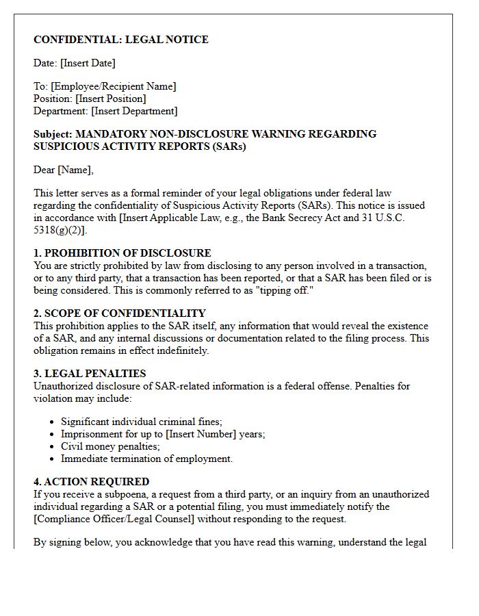 Suspicious Activity Report Non-Disclosure Legal Warning Letter
