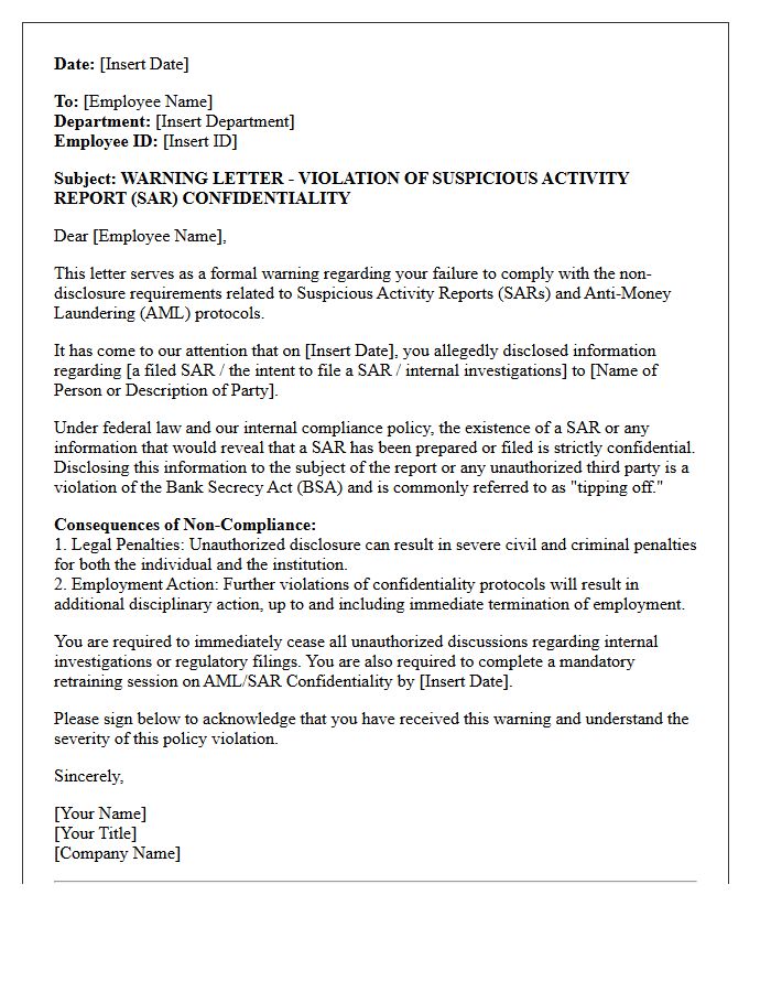 Warning Letter Regarding Suspicious Activity Report Non-Disclosure