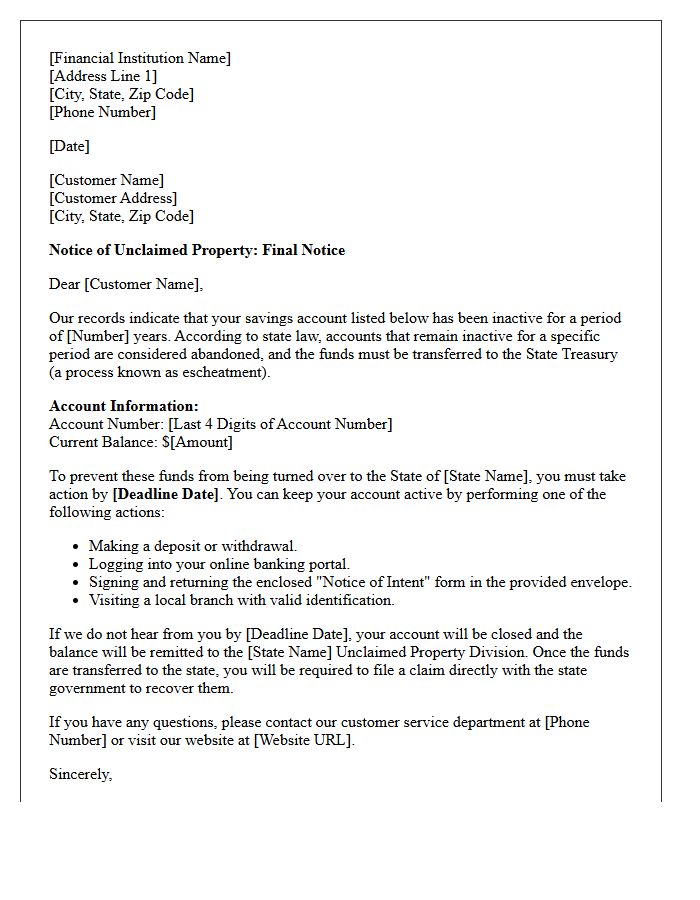 Abandoned Savings Account Escheatment Notice Letter