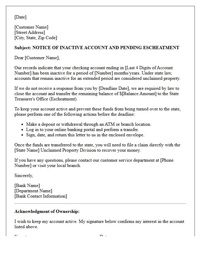 Dormant Checking Account Escheatment Warning Letter