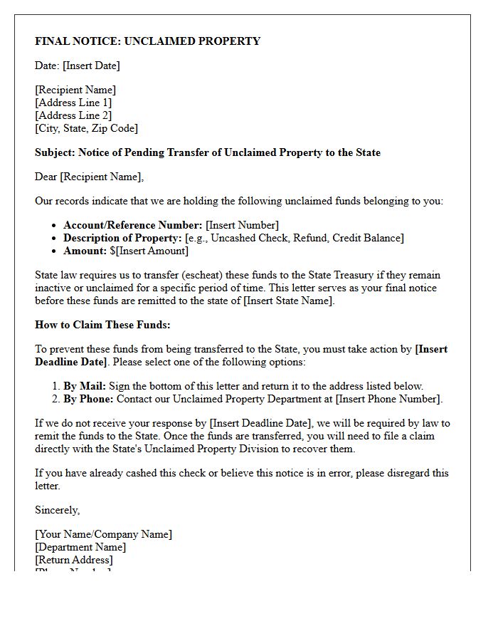 Final Notice of Pending Escheatment Letter
