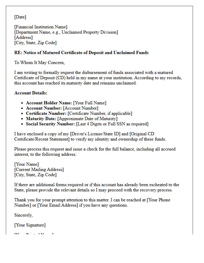 Matured Certificate of Deposit Unclaimed Funds Letter