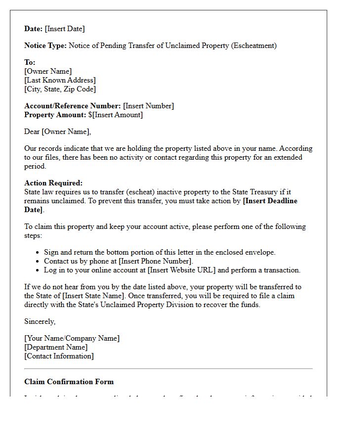 Notice of State Transfer for Unclaimed Property Letter