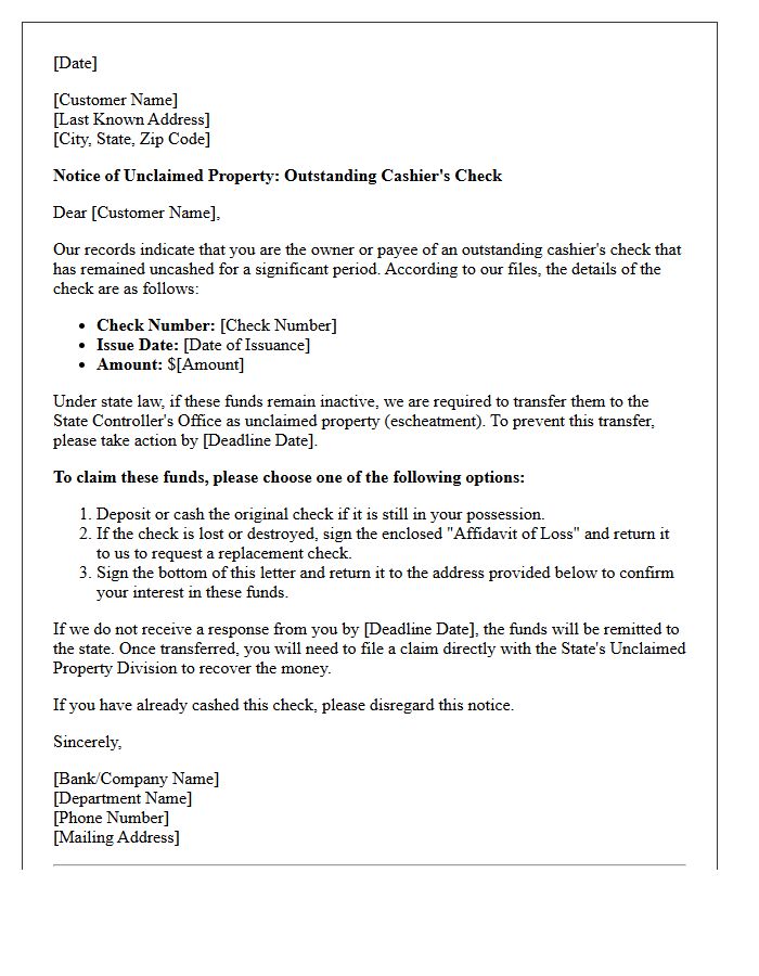 Outstanding Cashier's Check Unclaimed Property Letter