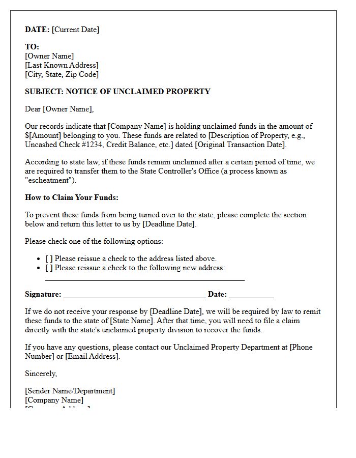 Pre-Escheatment Unclaimed Funds Notification Letter