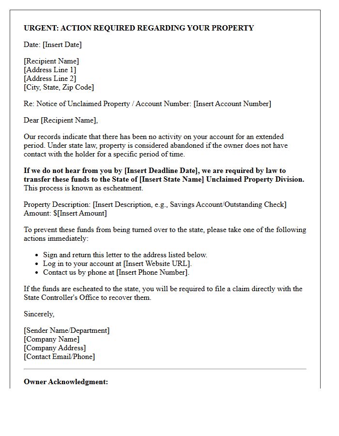 State Escheatment Imminent Action Warning Letter